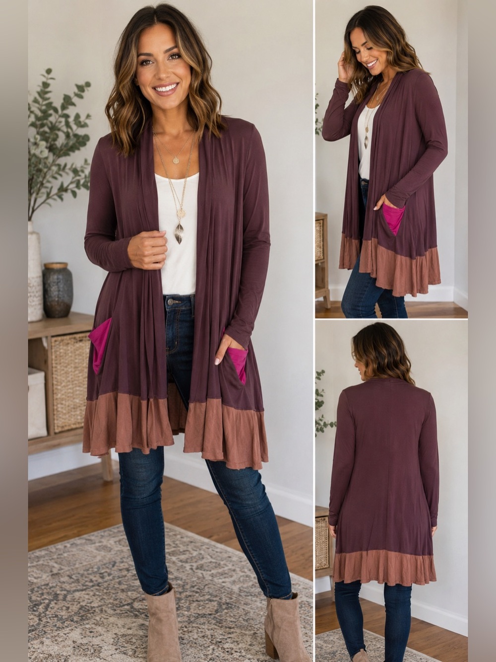LOGO Lori Goldstein Colorblock Open Front Cardigan Medium Layered Hem Pockets